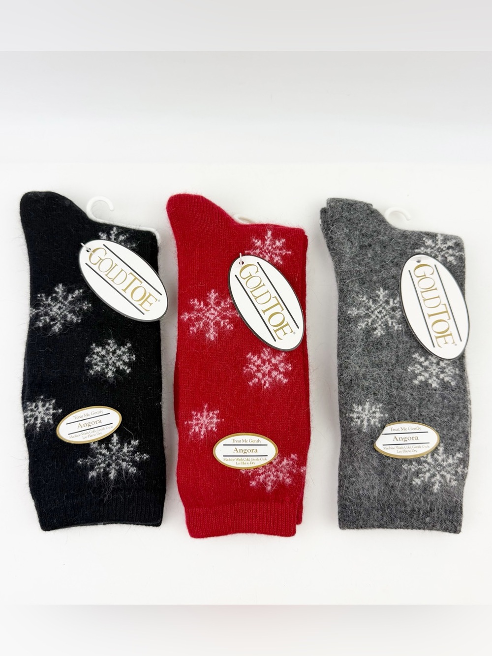 Vtg 90s Gold Toe Angora Lambswool Snowflakes Socks 3 Pair Red Black Gray 6-9 NWT